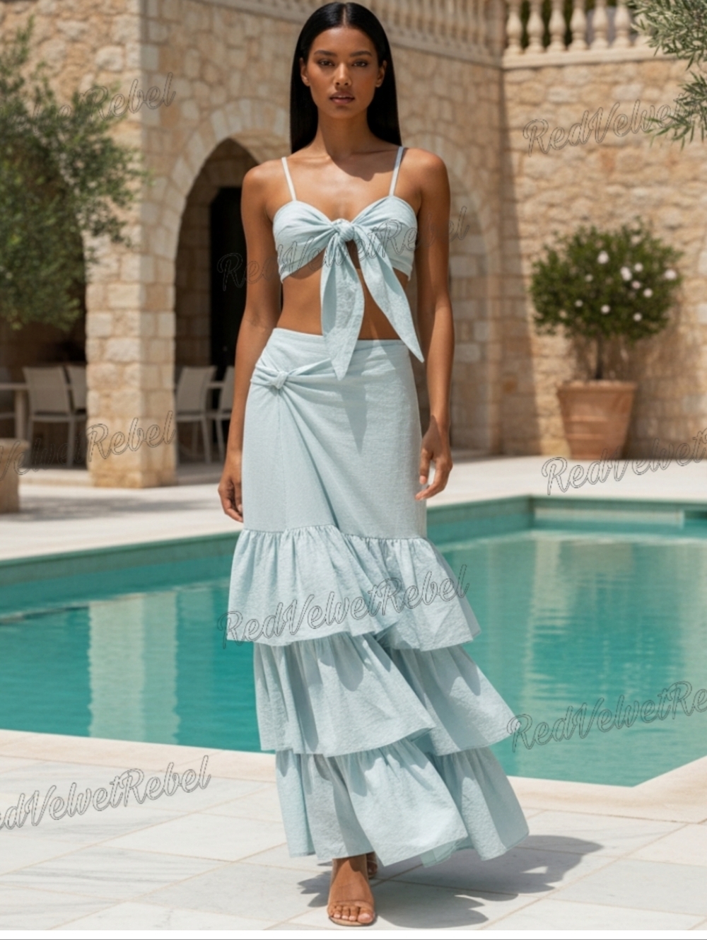 NWT PLT Mint Blue Tie Front Cami Top and Ruffle Maxi Skirt